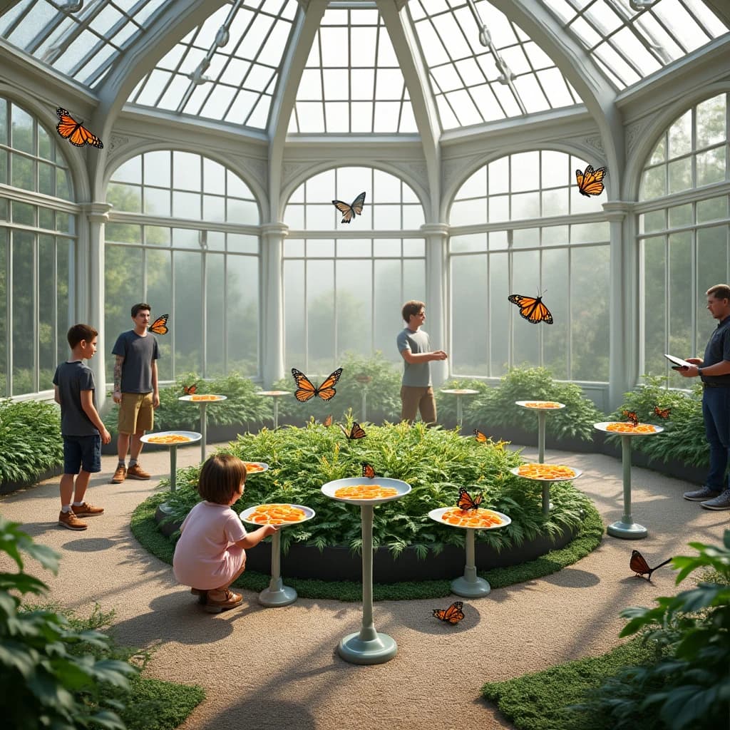 Interior render of a glasshouse butterfly conservatory, white cast iron arches and misted glass, humid morning light.
A raised planting bed spirals through the centre with a gravel path running around it. Five feeding stations on slim posts stand along the path, each holding a shallow dish of orange slices: monarch butterflies cluster on three of the dishes while two are untouched. Seven more monarchs rest on the milkweed in the bed and two are in flight above the path. Three visitors in the room, a child crouching at the nearest feeding station, an adult behind her pointing upward, and a guide standing at the far end beside an information board. Fine mist drifting near the roof vents. Physically based render.