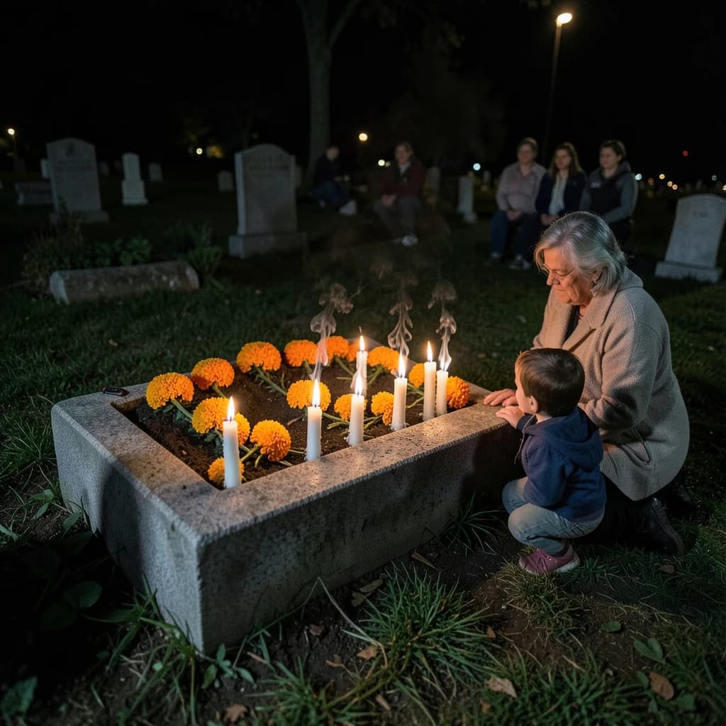 Photojournalism frame from a cemetery vigil at night: one grave slab carrying seven marigold garlands and nine lit candles, three of the candles guttered out and smoking, a grandmother and two children kneeling along the near edge.