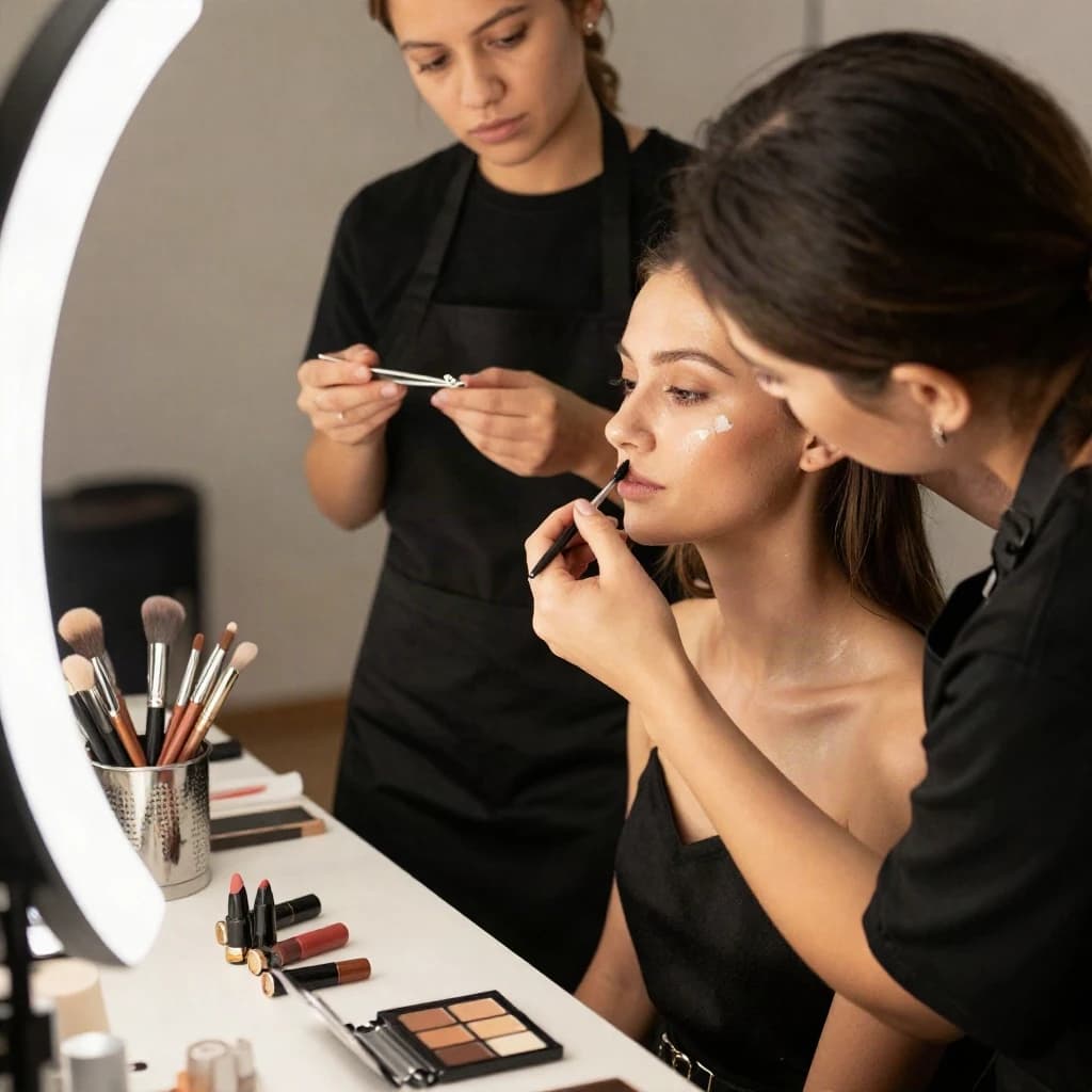 Fashion photograph at a backstage vanity lit by a ring light. A makeup artist in a black apron leans in from the right and blends cream blush into a seated model's cheekbone with her fingers, while a second artist standing behind them holds a lash tray in one hand and tweezers in the other, mid pick. On the counter between them: six brushes standing bristle up in a metal cup, three lipstick bullets lying in a row with their caps off beside them, and one open palette showing two used shades and four untouched. Warm skin tones, glossy highlights, shallow depth of field.