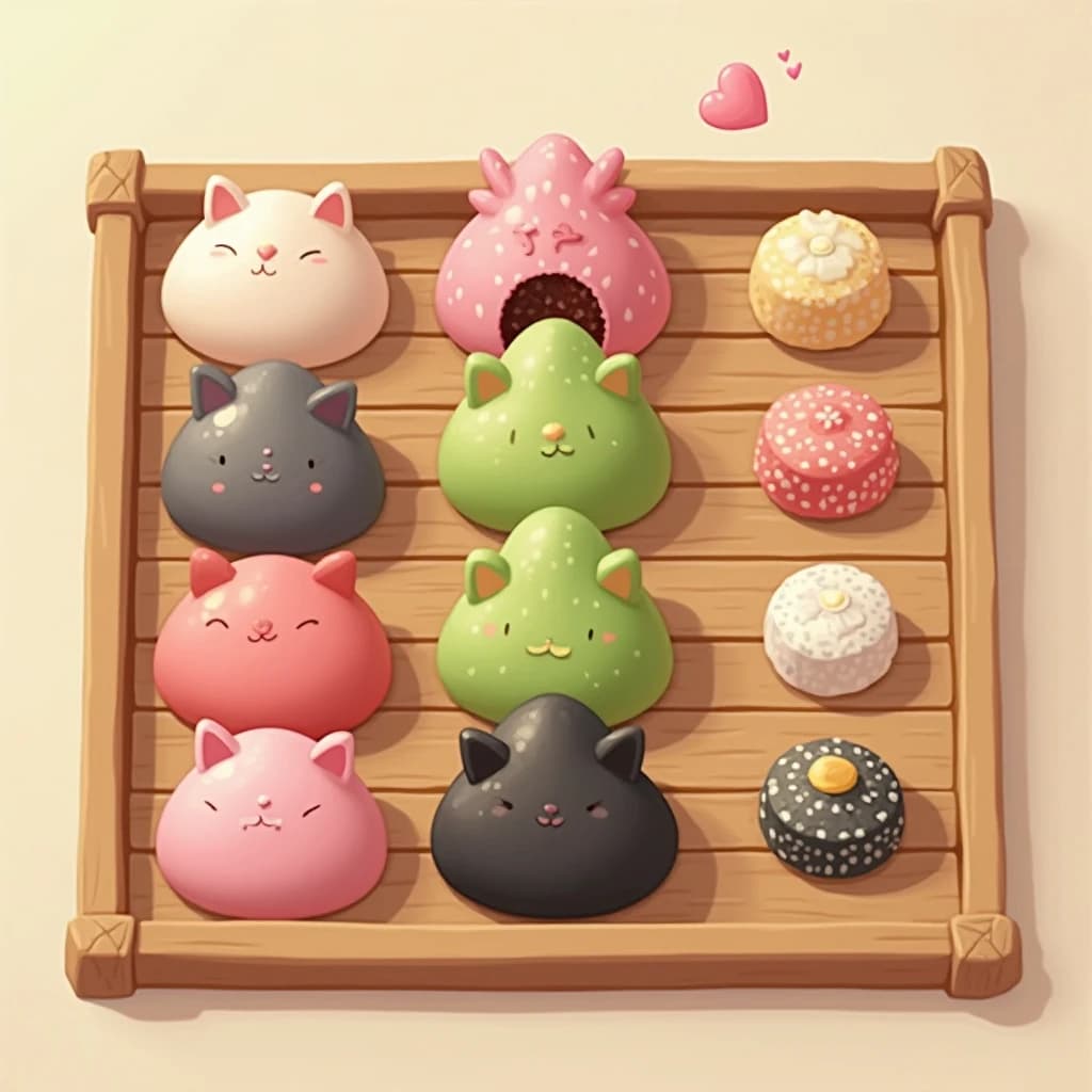 Match three board for a cozy sweets game, cute stylized 3D animation look. Nine mochi in a three by three grid on a bamboo tray: the top row strawberry pink, the middle row matcha green, the bottom row black sesame grey. The center green one has a bite taken out and a small heart icon floating above it. Two of the pink mochi wear tiny cat ears. To the right of the tray, a vertical strip of three power up icons, a whisk, a teapot and a fan. Soft pastel lighting, glossy dusted surfaces.