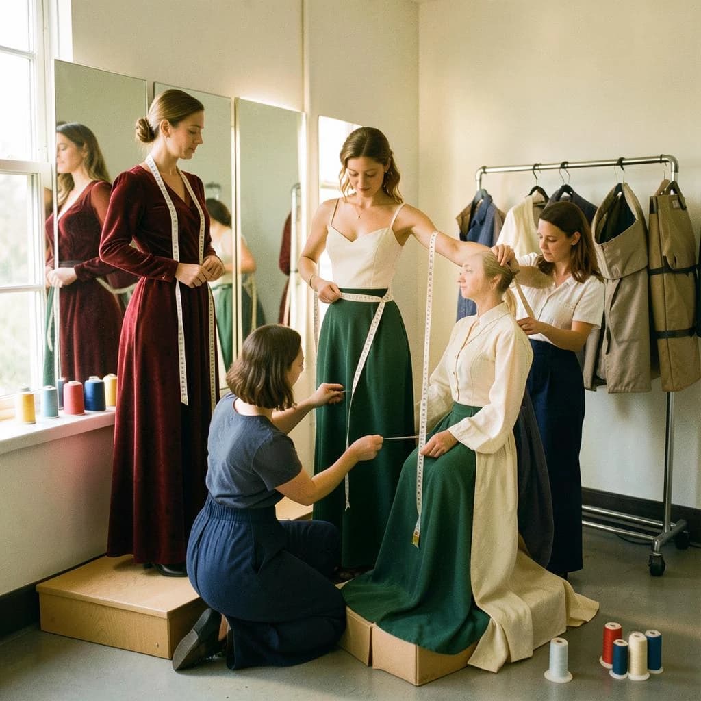 35mm film photograph, wardrobe fitting room, warm late afternoon window light and soft grain. Three actresses stand on low platforms in front of a three-panel mirror. The one in the red velvet gown has a cloth tape measure draped around her neck. A seamstress kneels beside the one in the green gown, measuring her hem with a second tape measure. The third actress, in an unfinished cream bodice, holds both arms out while another seamstress pins her sleeve. Six spools of thread line the windowsill, and only the two at the right end are unwound. A rolling rack behind them carries eight garment bags, one of them unzipped.