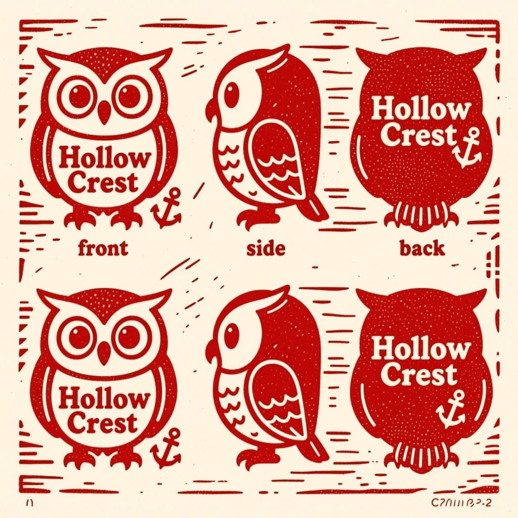 Linocut print: one bookstore owl mascot in three views. The views are captioned "front", "side" and "back" in that order. The wordmark "Hollow Crest" appears on every view with a small anchor mark beside it. The red-and-cream coloring is the same across every view, and only the angle changes.