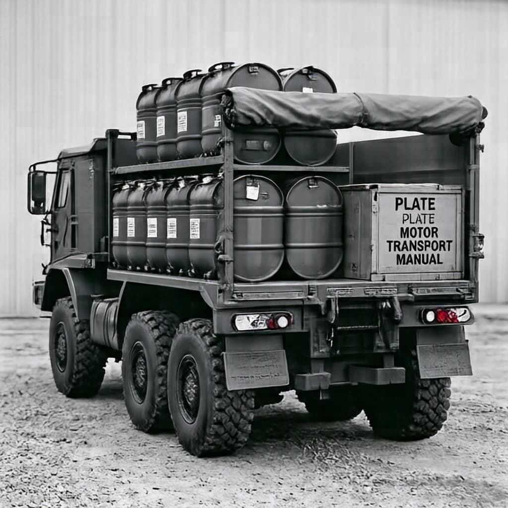 Black and white archival plate of a six wheeled army cargo truck, side elevation above a rear three quarter view. The bed carries eight fuel drums in two rows of four, the four nearest the tailgate under a rolled canvas, the rest bare. Stamped box lower right reads "PLATE 14, MOTOR TRANSPORT MANUAL".