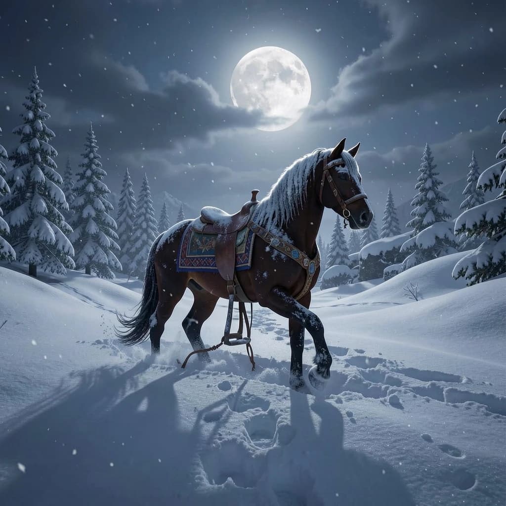 single carousel horse in deep snow, moonlight