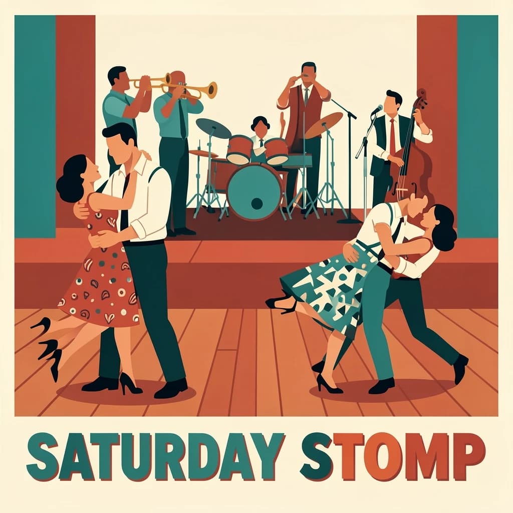 Flat design poster for a swing dance night. Four couples on a wooden floor, each caught in a different move: the front couple in a lift with the follower's feet off the ground, behind them a couple in a side by side kick, a third couple joined by one hand mid spin, and a fourth couple frozen in a dip near the back wall. All followers wear patterned dresses, all leaders wear braces and rolled sleeves. On a low stage behind them, a five piece band: two trumpets, a double bass, a drummer and a singer at a chrome microphone. Bold flat shapes, cream, teal and tomato red. "Saturday Stomp" in chunky letters along the bottom.