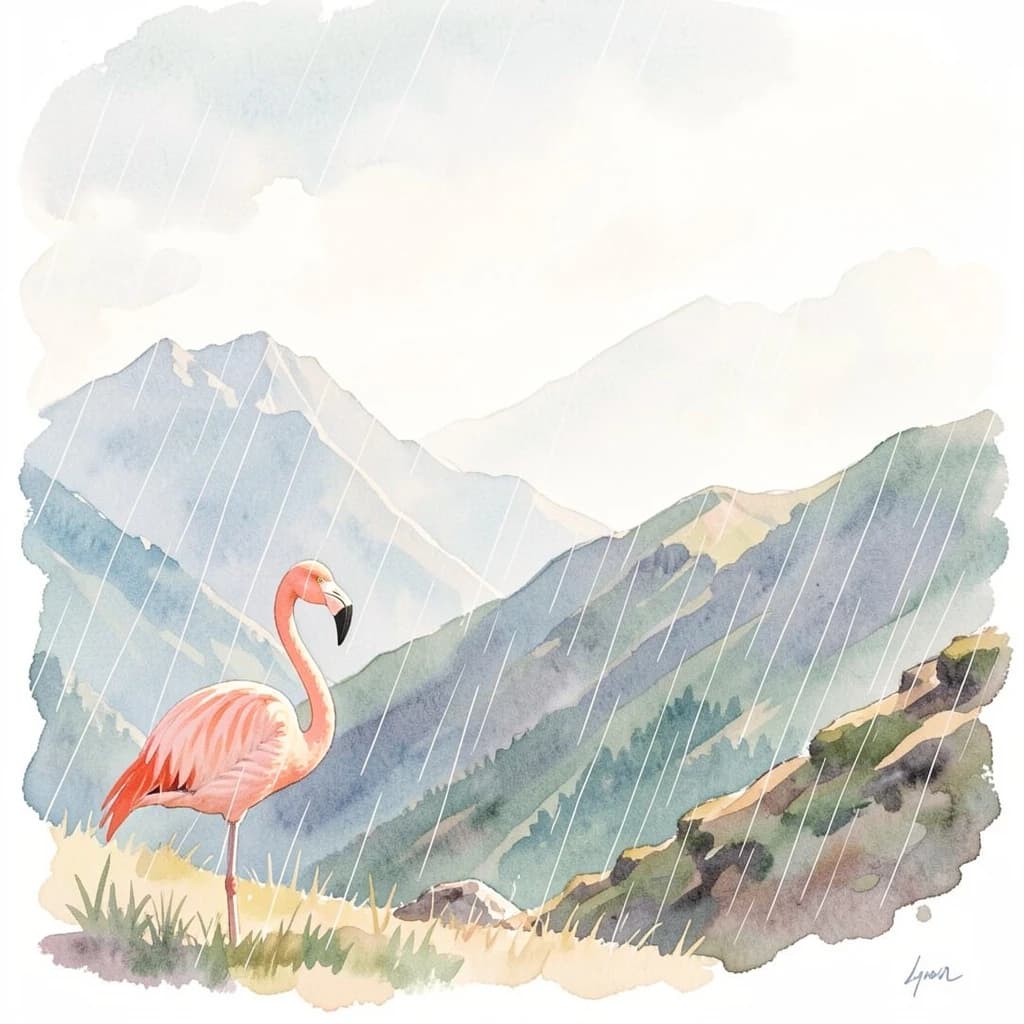 flamingo, mountain ridge, light rain, off-center framing with negative space, watercolor, soft edges