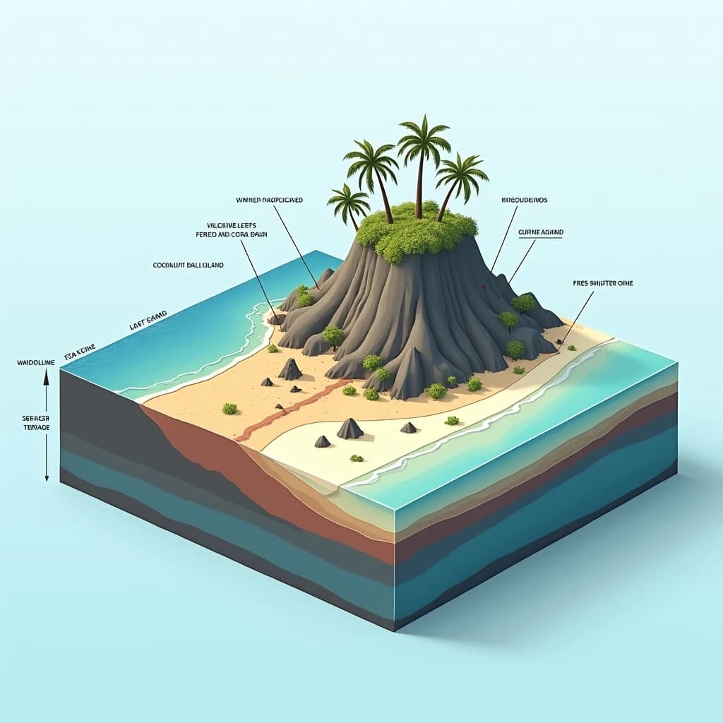 Cross section of a volcanic tropical island as a flat academic figure with clean colour blocks and a horizontal sea level line. Reading from the ocean on the left toward the right: a fringing reef crest, a shallow lagoon holding three coral heads, a white sand beach, a coconut palm belt of five trees, then a rising basalt cone with two lava layers picked out in darker grey, and a freshwater lens drawn as a pale blue dome under the middle of the island. Below sea level the flanks drop in three stepped terraces to a flat deep floor. Eight leader line labels, a depth scale down the left edge, and a small locator inset in the top right.