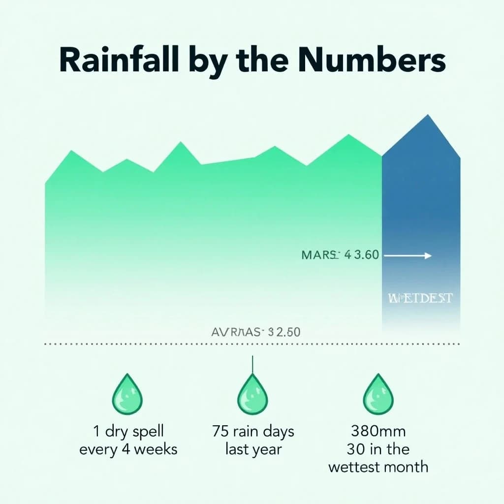 Flat infographic titled "Rainfall by the Numbers": at the center a twelve-month rainfall timeline, carrying two keyed regions, "Average" shaded pale green and "Wettest" shaded dark blue, beside a bottom row of three stat chips reading "1 dry spell every 4 weeks", "175 rain days last year" and "380mm in the wettest month".