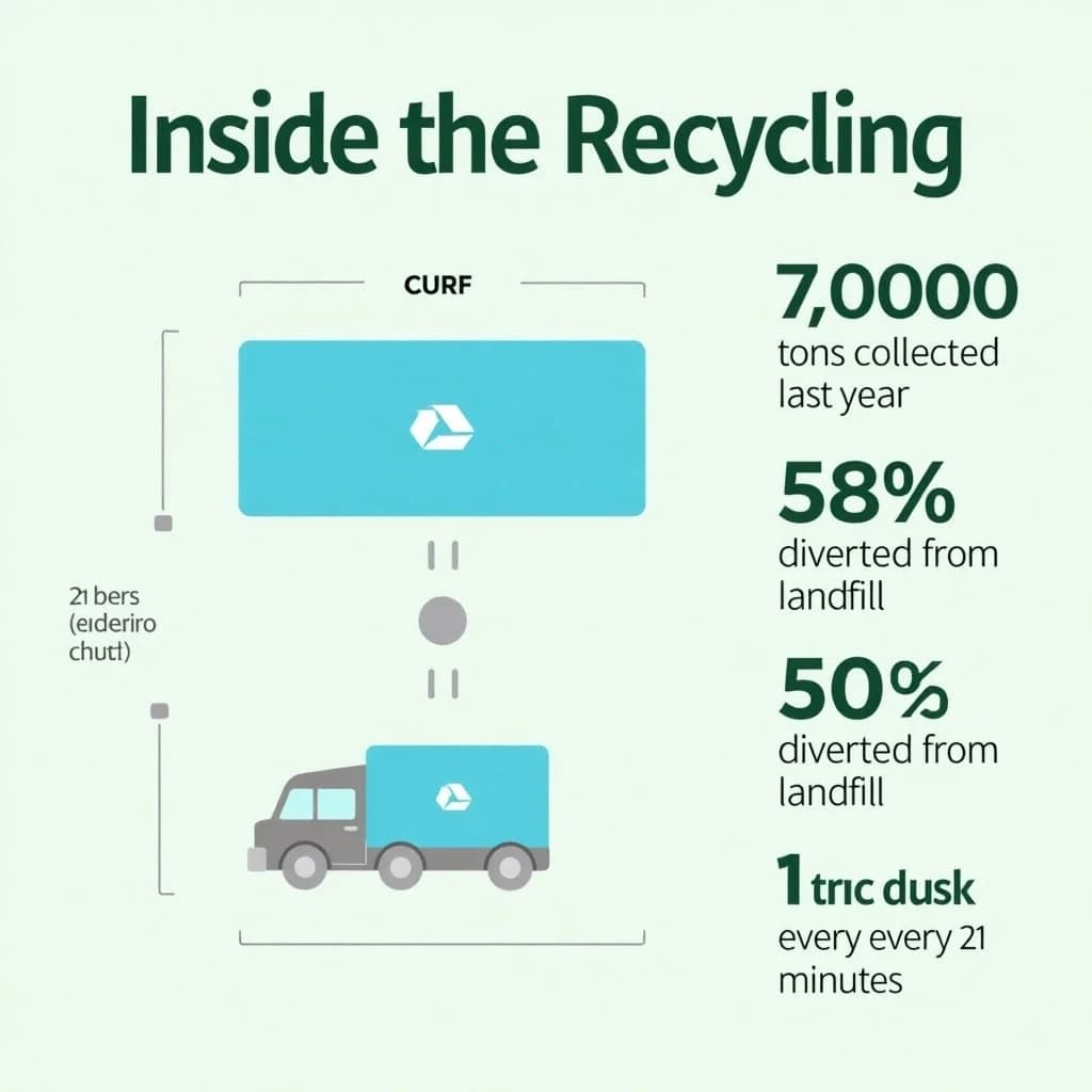 Flat infographic titled "Inside the Recycling": at the center a flow chart from curb to sorting floor, carrying two keyed regions, "Paper" shaded blue and "Landfill" shaded gray, beside a right column of three stat chips reading "7,000 tons collected last year", "58% diverted from landfill" and "1 truck every 21 minutes".