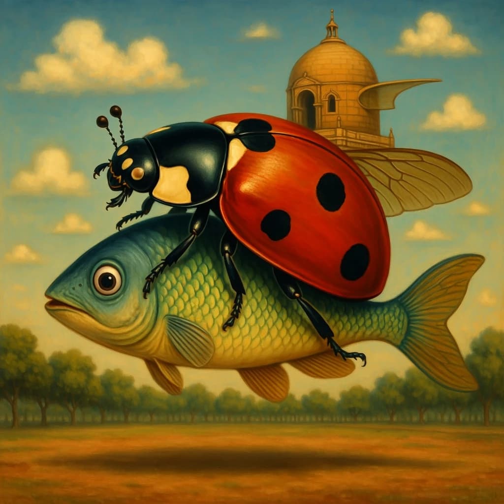 Dace and Ladybird Beetle in New Delhi, India in the style of surrealist