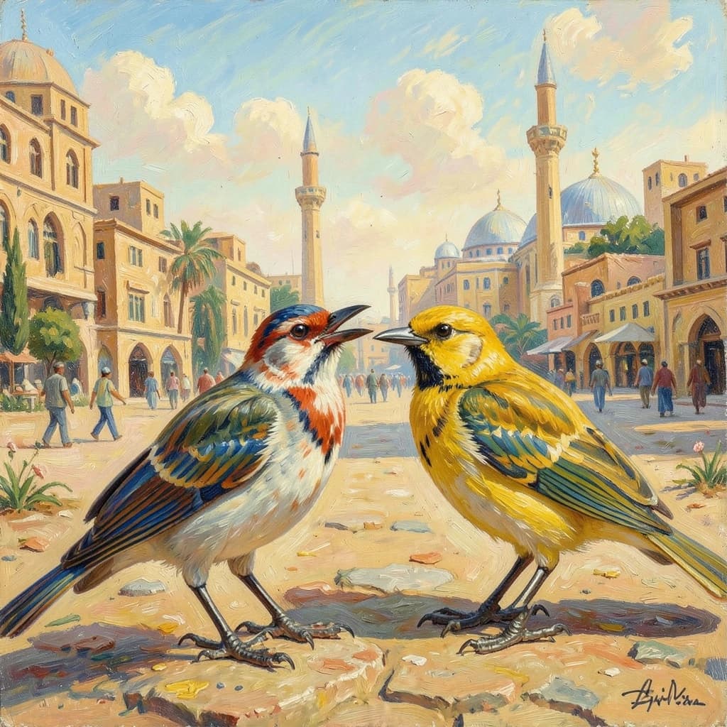 Scrub-Bird and Yellowtail in Cairo, Egypt in the style of impressionist