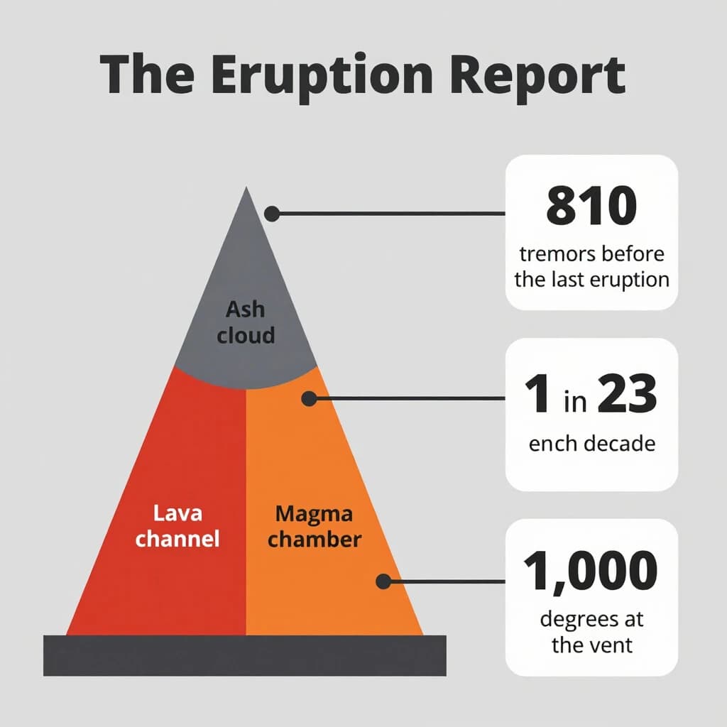 Flat vector illustration titled "The Eruption Report". A cutaway cone sits at the center, carrying three keyed regions, "Lava channel" shaded red, "Ash cloud" shaded gray and "Magma chamber" shaded orange. Three stat chips run down a right column, reading "810 tremors before the last eruption", "1 in 23 erupt each decade" and "1,000 degrees at the vent". Each key color matches the shading of the region it names.
