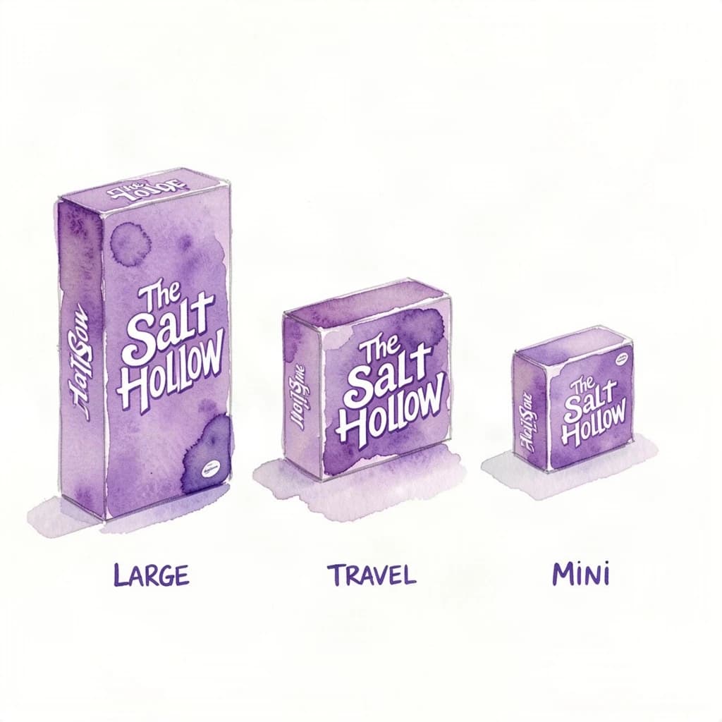 Watercolor of the same board-game box drawn in three editions, captioned "Large", "Travel" and "Mini", every edition carrying the wordmark "The Salt Hollow" in the same purple-and-white coloring, only the box size changing.