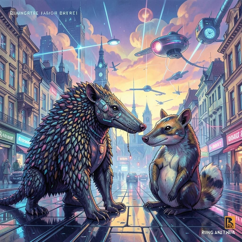 Scaly Anteater and Ringtail in Bucharest, Romania in the style of futurism