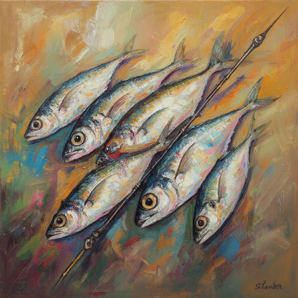 Butterfish and Spear in Sri Jayawardenepura Kotte, Sri Lanka in the style of abstract