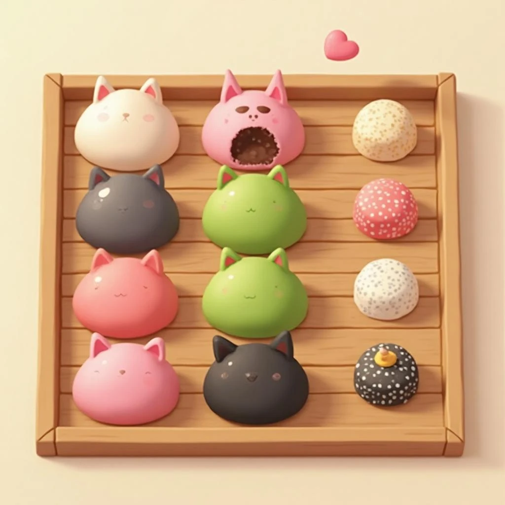 Match three board for a cozy sweets game, cute stylized 3D animation look. Nine mochi in a three by three grid on a bamboo tray: the top row strawberry pink, the middle row matcha green, the bottom row black sesame grey. The center green one has a bite taken out and a small heart icon floating above it. Two of the pink mochi wear tiny cat ears. To the right of the tray, a vertical strip of three power up icons, a whisk, a teapot and a fan. Soft pastel lighting, glossy dusted surfaces.