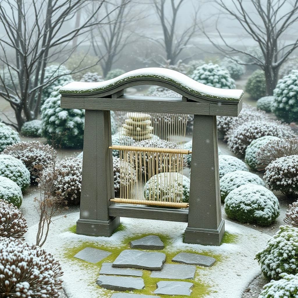 A weaver stone-still in a botanical garden, in gentle snowfall, centered full-body framing, isometric 3D style.