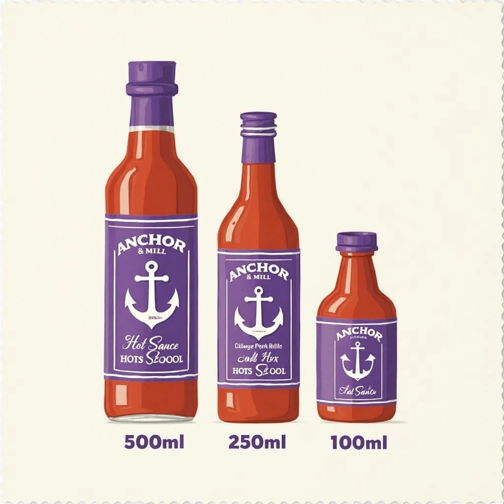 Cut-paper collage of the same hot-sauce bottle drawn in three sizes, captioned "500ml", "250ml" and "100ml", every size carrying the wordmark "Anchor & Mill" with a six-tooth gear mark beside it in the same purple-and-white coloring, only the bottle size changing.