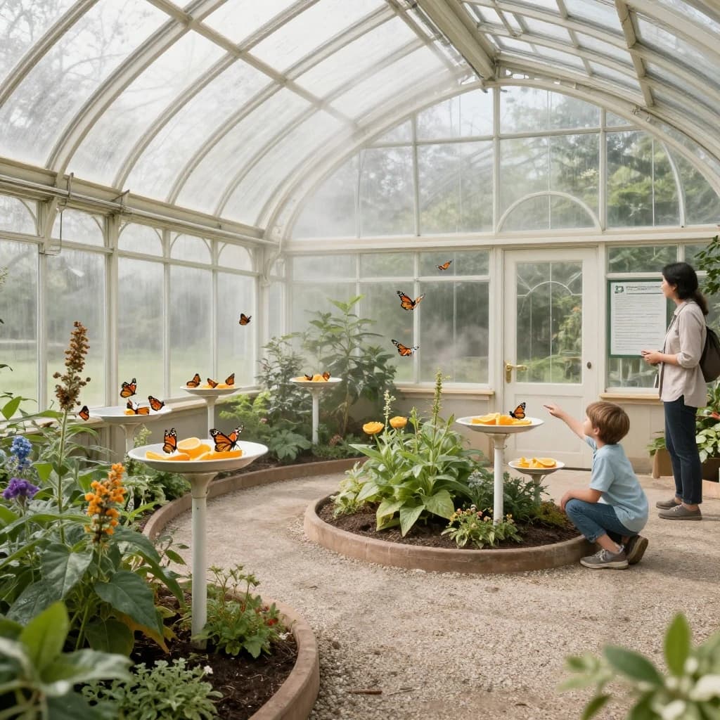 Interior render of a glasshouse butterfly conservatory, white cast iron arches and misted glass, humid morning light.
A raised planting bed spirals through the centre with a gravel path running around it. Five feeding stations on slim posts stand along the path, each holding a shallow dish of orange slices: monarch butterflies cluster on three of the dishes while two are untouched. Seven more monarchs rest on the milkweed in the bed and two are in flight above the path. Three visitors in the room, a child crouching at the nearest feeding station, an adult behind her pointing upward, and a guide standing at the far end beside an information board. Fine mist drifting near the roof vents. Physically based render.
