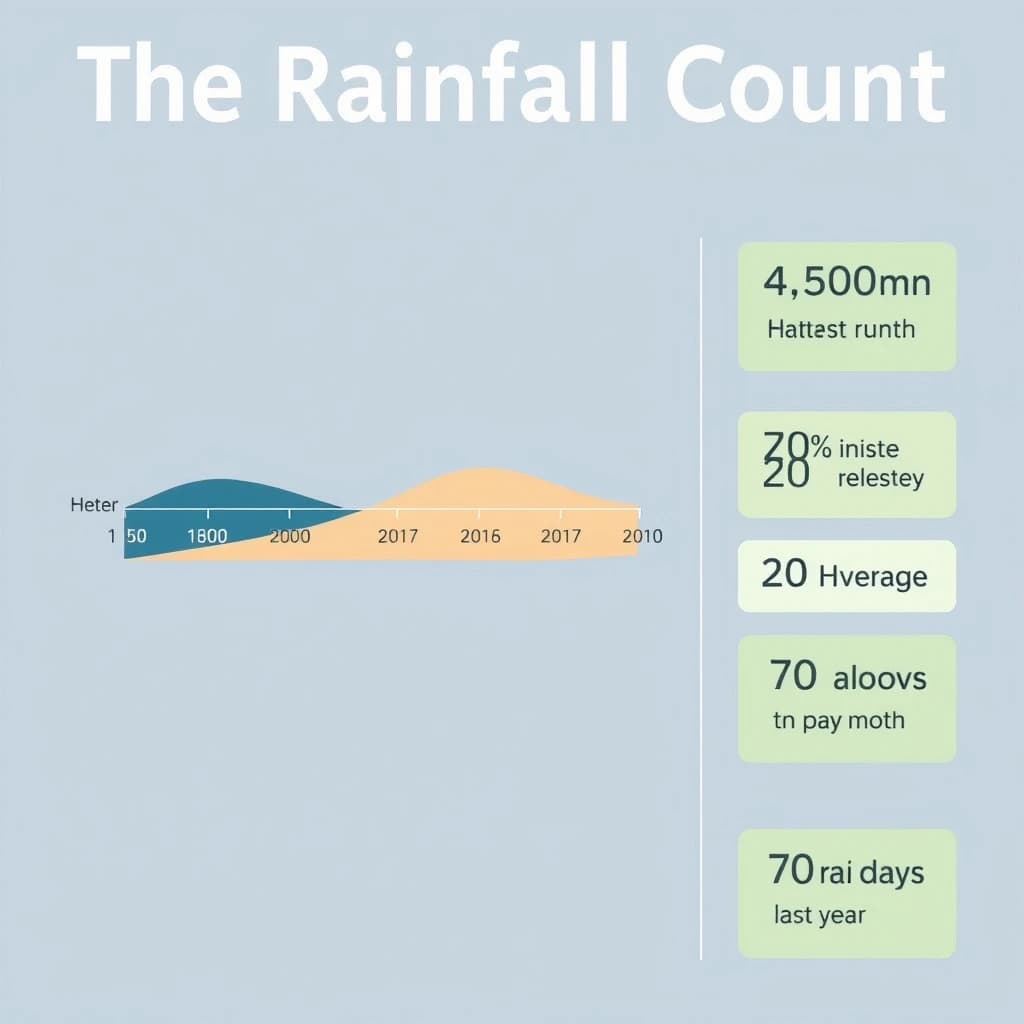 Printed poster titled "The Rainfall Count": at the center a twelve-month rainfall timeline, carrying three keyed regions, "Wettest" shaded dark blue, "Driest" shaded sand and "Average" shaded pale green, beside a right column of three stat chips reading "450mm in the wettest month", "20% above the ten-year mean" and "70 rain days last year".