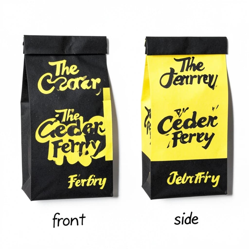 Cut-paper collage: one coffee bag in two views. The views are captioned "front" and "side" in that order. The wordmark "The Cedar Ferry" appears on every view. The black-and-yellow coloring is the same across every view, and only the angle changes.