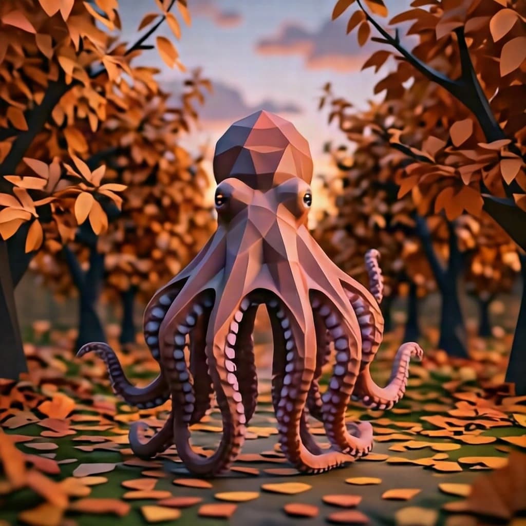 An octopus seen from the back in an autumn orchard, at dusk, centered full-body framing, low-poly 3D style.