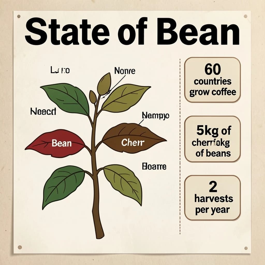 Printed poster titled "State of Bean": at the center a labeled coffee-plant diagram, carrying three keyed regions, "Bean" shaded brown, "Cherry" shaded red and "Leaf" shaded green, beside a right column of three stat chips reading "60 countries grow coffee", "5kg of cherries make 1kg of beans" and "2 harvests per year".