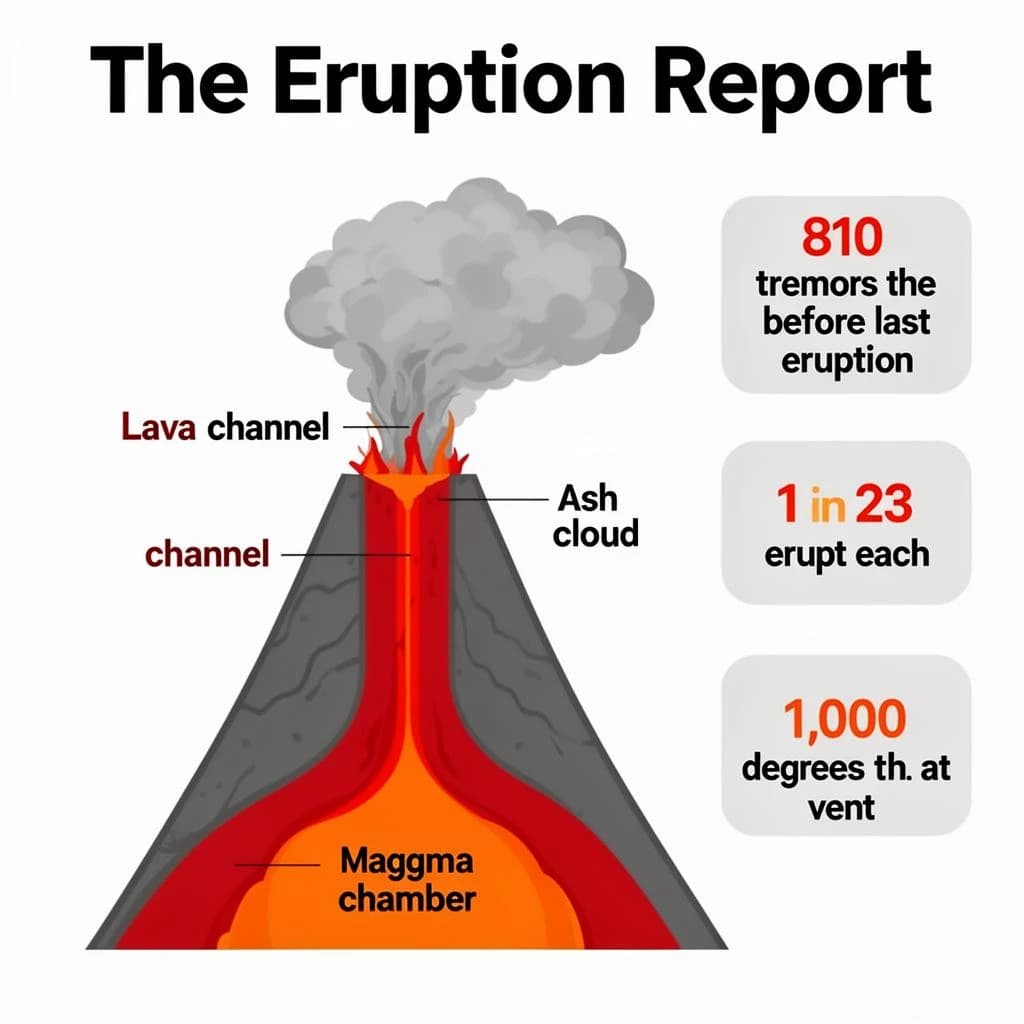 Flat vector illustration titled "The Eruption Report". A cutaway cone sits at the center, carrying three keyed regions, "Lava channel" shaded red, "Ash cloud" shaded gray and "Magma chamber" shaded orange. Three stat chips run down a right column, reading "810 tremors before the last eruption", "1 in 23 erupt each decade" and "1,000 degrees at the vent". Each key color matches the shading of the region it names.
