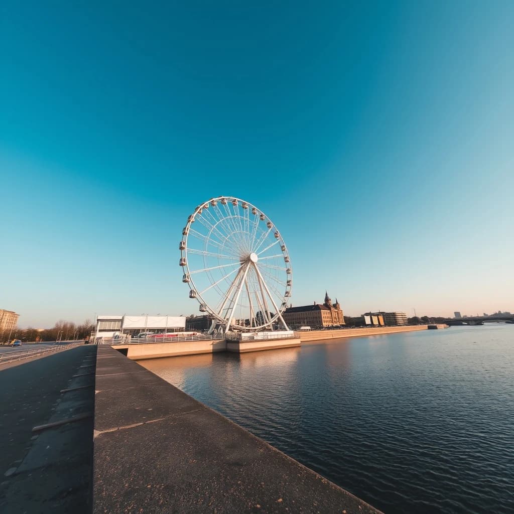 A ferris wheel dulled by a thin layer of dust beside a quiet river, under a clear blue sky, wide-angle perspective, photorealistic style.