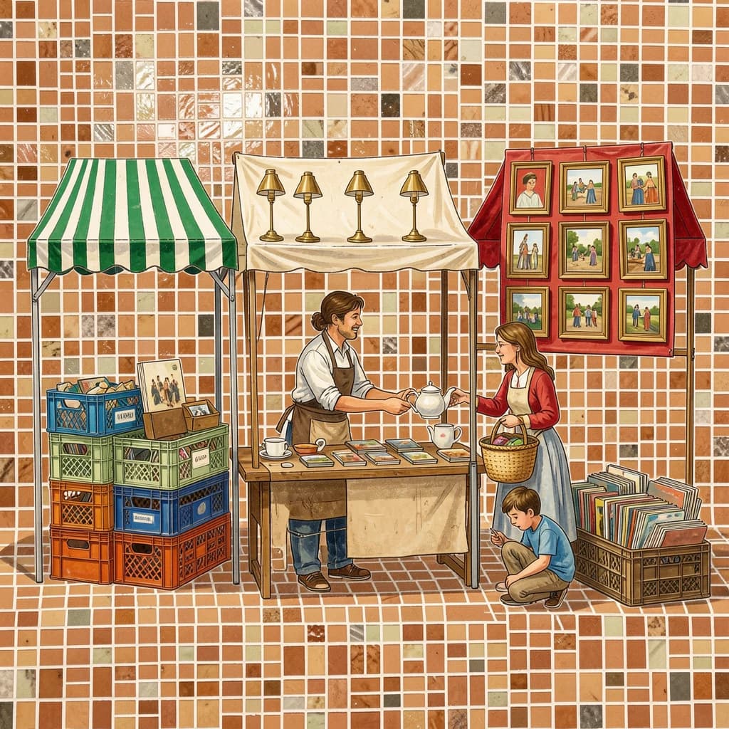Glass tile mosaic of a Sunday flea market seen from a slightly raised angle, small square tesserae and warm terracotta grout. Three stall awnings in a row: the left one striped green and white over stacked vinyl crates, the middle plain canvas over six brass lamps with only the two tallest wearing shades, the right red awning hung with nine framed pictures in three rows of three. Under the middle awning a vendor in an apron hands a teapot across the table to a woman holding a straw basket, while a boy crouches at her feet by a crate of records. No lettering anywhere.