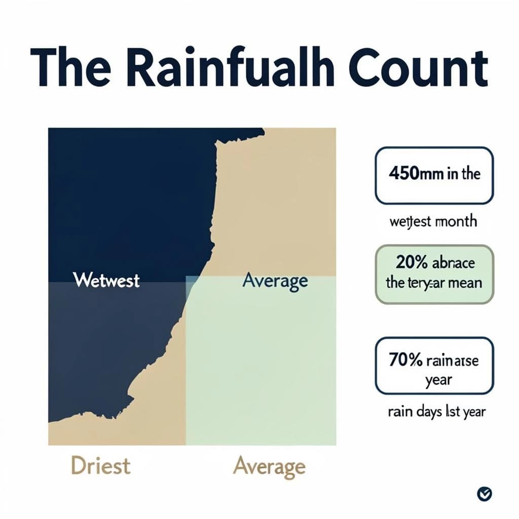 Printed poster titled "The Rainfall Count": at the center a twelve-month rainfall timeline, carrying three keyed regions, "Wettest" shaded dark blue, "Driest" shaded sand and "Average" shaded pale green, beside a right column of three stat chips reading "450mm in the wettest month", "20% above the ten-year mean" and "70 rain days last year".