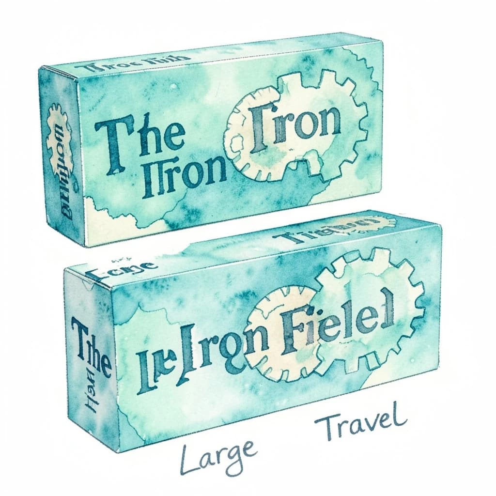 Watercolor: one board-game box in two editions. The editions are captioned "Large" and "Travel" in that order. The wordmark "The Iron Field" appears on every edition with a six-tooth gear mark beside it. The teal-and-cream coloring is the same across every edition, and only the box size changes.