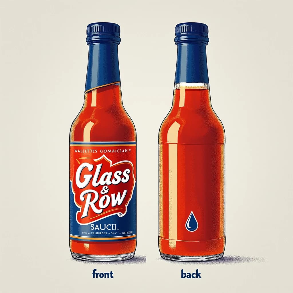 Printed poster of the same hot-sauce bottle drawn in two views, captioned "front" and "back", every view carrying the wordmark "Glass & Row" with a single droplet symbol beside it in the same blue-and-silver coloring, only the angle changing.