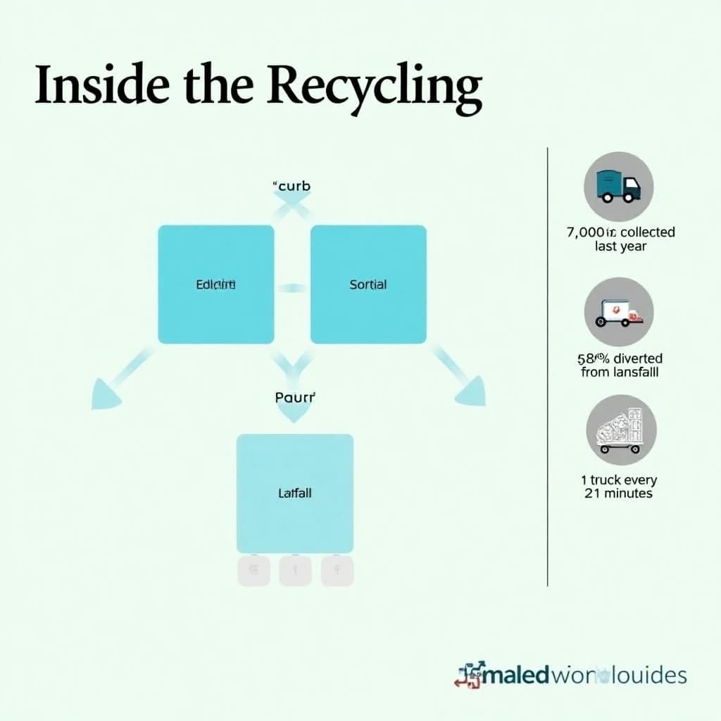 Flat infographic titled "Inside the Recycling": at the center a flow chart from curb to sorting floor, carrying two keyed regions, "Paper" shaded blue and "Landfill" shaded gray, beside a right column of three stat chips reading "7,000 tons collected last year", "58% diverted from landfill" and "1 truck every 21 minutes".