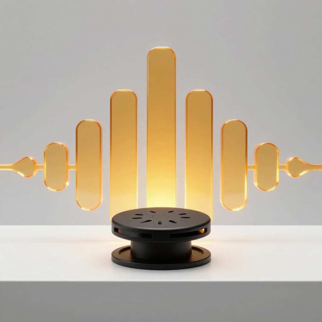 Cinematic 3D render of a matte black speaker puck on a white plinth, with a sound waveform behind it built from fourteen glowing amber bars in a gentle curve, the three tallest centred directly behind the puck and the bars shortening evenly toward both ends.