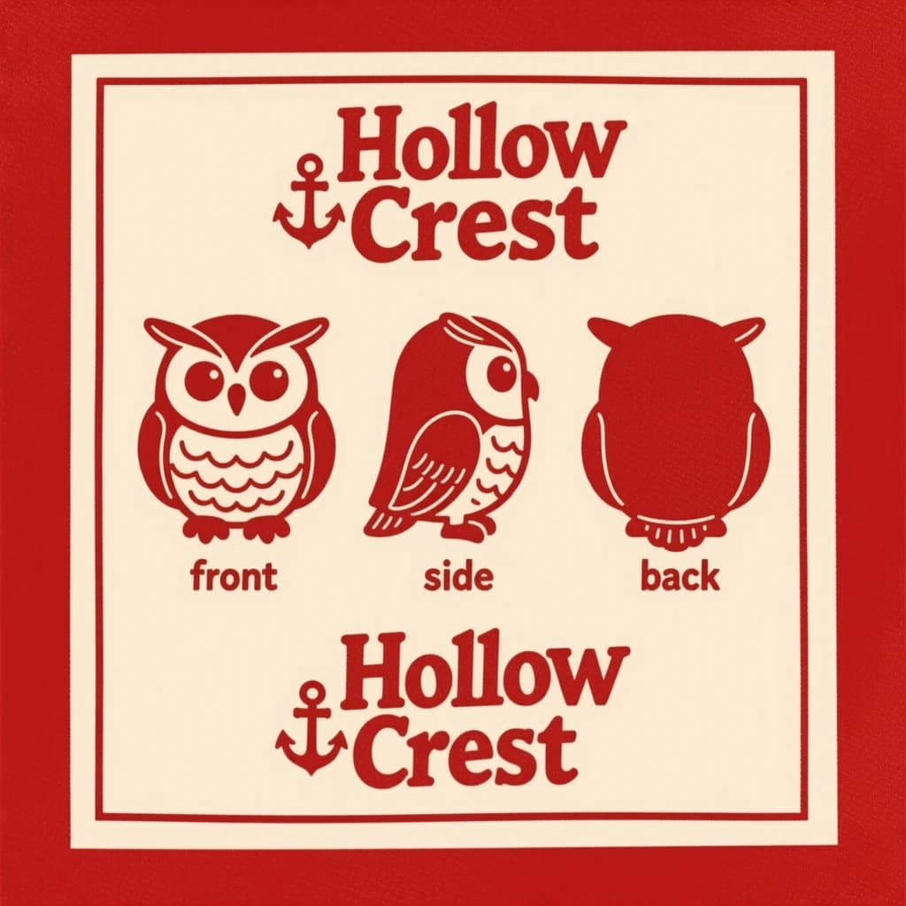 Linocut print: one bookstore owl mascot in three views. The views are captioned "front", "side" and "back" in that order. The wordmark "Hollow Crest" appears on every view with a small anchor mark beside it. The red-and-cream coloring is the same across every view, and only the angle changes.