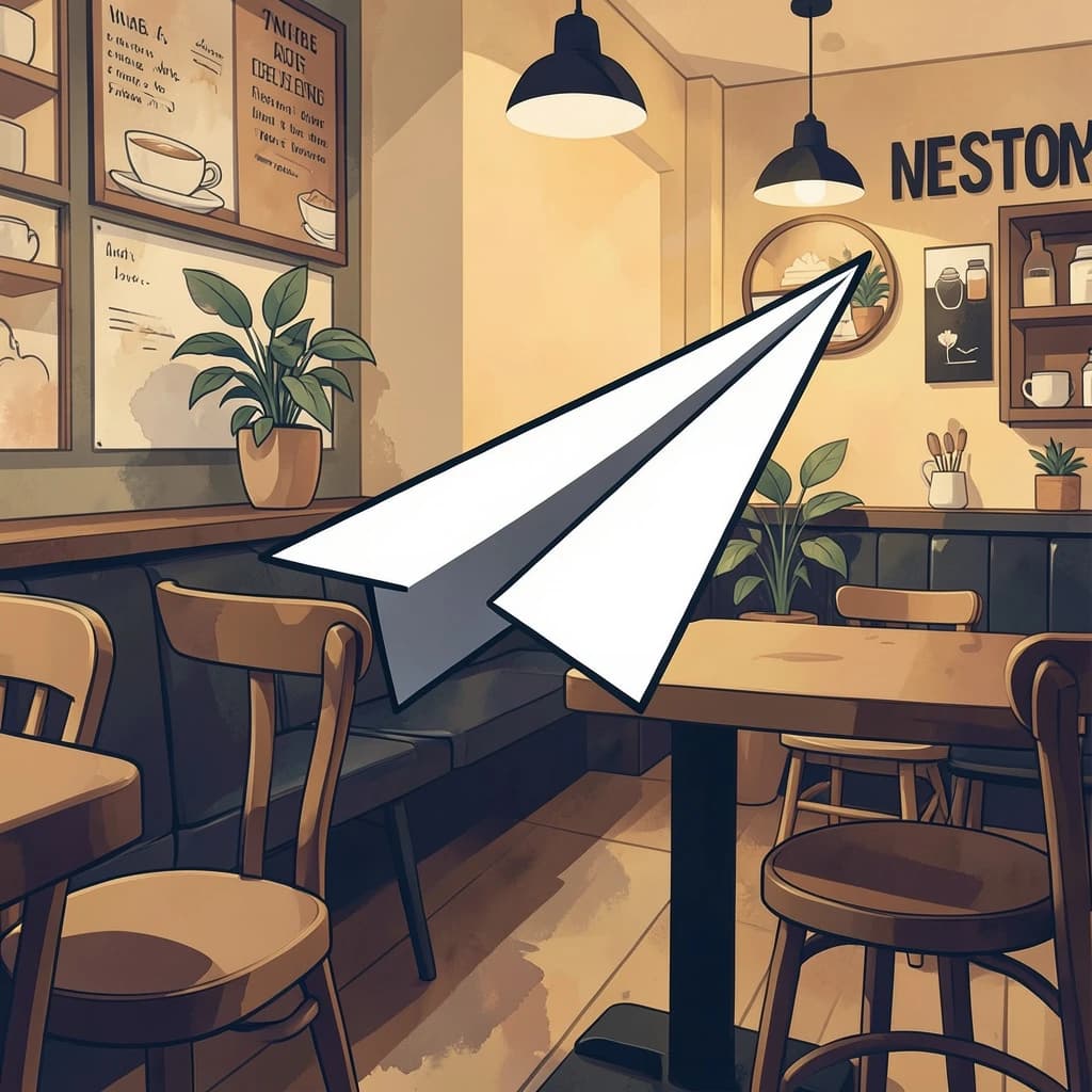 Silkscreen print of a paper airplane inside a cozy cafe, layered wash, smooth vector finish, split-complementary palette.