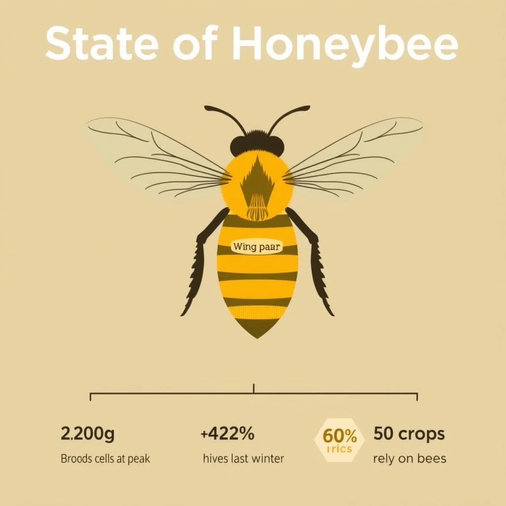 Flat vector illustration titled "State of Honeybee": at the center a labeled bee diagram, carrying three keyed regions, "Wing pair" shaded slate, "Brood cells" shaded olive and "Pollen basket" shaded amber, beside a bottom row of three stat chips reading "2,500 eggs a day at peak", "42% of hives lost last winter" and "60 crops rely on bees".