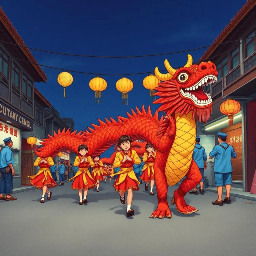 Video thumbnail in 90s anime style, hand painted cel look with visible grain: a red and gold dragon dance winding down a night market street toward the camera. Nine dancers hold the poles, the front three in yellow sashes and the back six in blue. The second dancer from the front has lost a shoe and is stumbling while the pearl bearer ahead of him spins his pole overhead. Five paper lanterns hang on a wire across the street, only the middle one unlit. Keep the sky in the upper left flat and dark for a title.