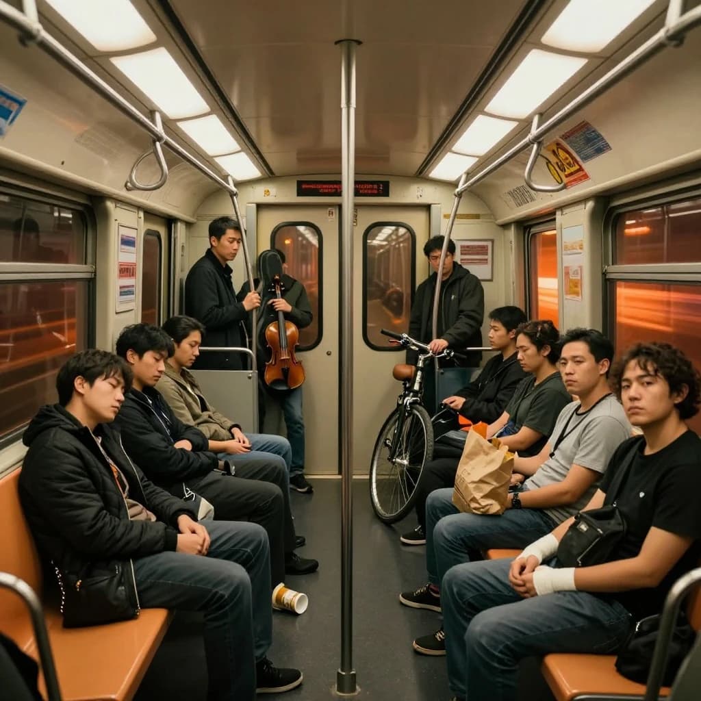Cinematic photograph inside a late night subway car, handheld, lit only by flickering ceiling strips and orange platform light sliding past the windows. Nine passengers down the car: the three on the left bench all sleep with heads tipped at different angles, the four on the right bench are awake, one folding a paper bag, one holding a bike wheel upright between his knees, one wrapping her own wrist in tape, one staring straight into the lens. Two more stand at the far doors gripping the same pole with a violin case wedged between them. An empty seat beside the nearest sleeper, a coffee cup rolling under it.
