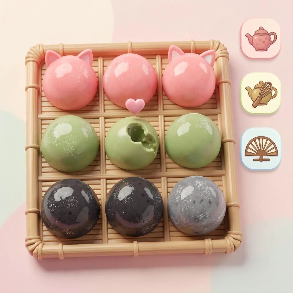 Match three board for a cozy sweets game, cute stylized 3D animation look. Nine mochi in a three by three grid on a bamboo tray: the top row strawberry pink, the middle row matcha green, the bottom row black sesame grey. The center green one has a bite taken out and a small heart icon floating above it. Two of the pink mochi wear tiny cat ears. To the right of the tray, a vertical strip of three power up icons, a whisk, a teapot and a fan. Soft pastel lighting, glossy dusted surfaces.