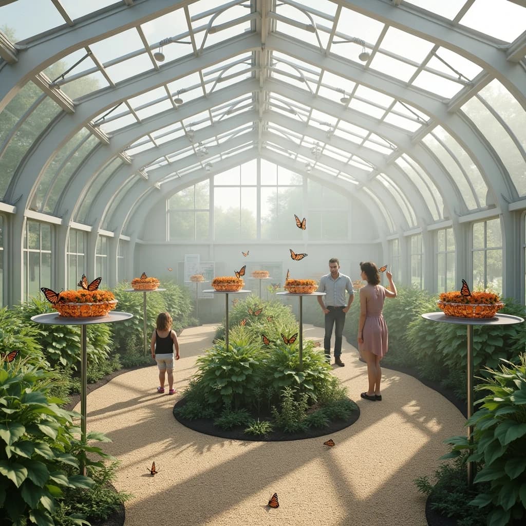 Interior render of a glasshouse butterfly conservatory, white cast iron arches and misted glass, humid morning light.
A raised planting bed spirals through the centre with a gravel path running around it. Five feeding stations on slim posts stand along the path, each holding a shallow dish of orange slices: monarch butterflies cluster on three of the dishes while two are untouched. Seven more monarchs rest on the milkweed in the bed and two are in flight above the path. Three visitors in the room, a child crouching at the nearest feeding station, an adult behind her pointing upward, and a guide standing at the far end beside an information board. Fine mist drifting near the roof vents. Physically based render.