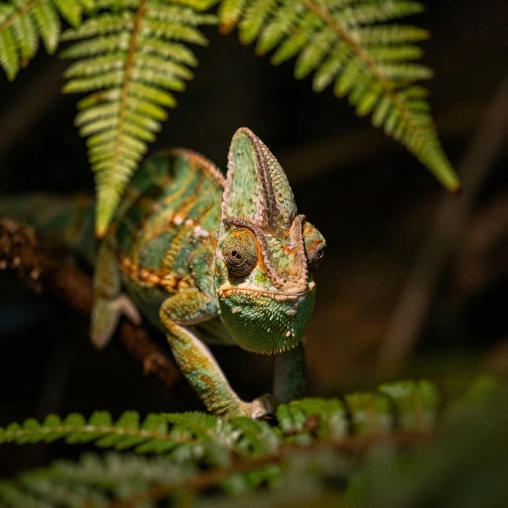 A chameleon half in shadow in a fern-filled ravine, under warm lamplight, symmetrical head-on framing, soft-focus portrait photography style.