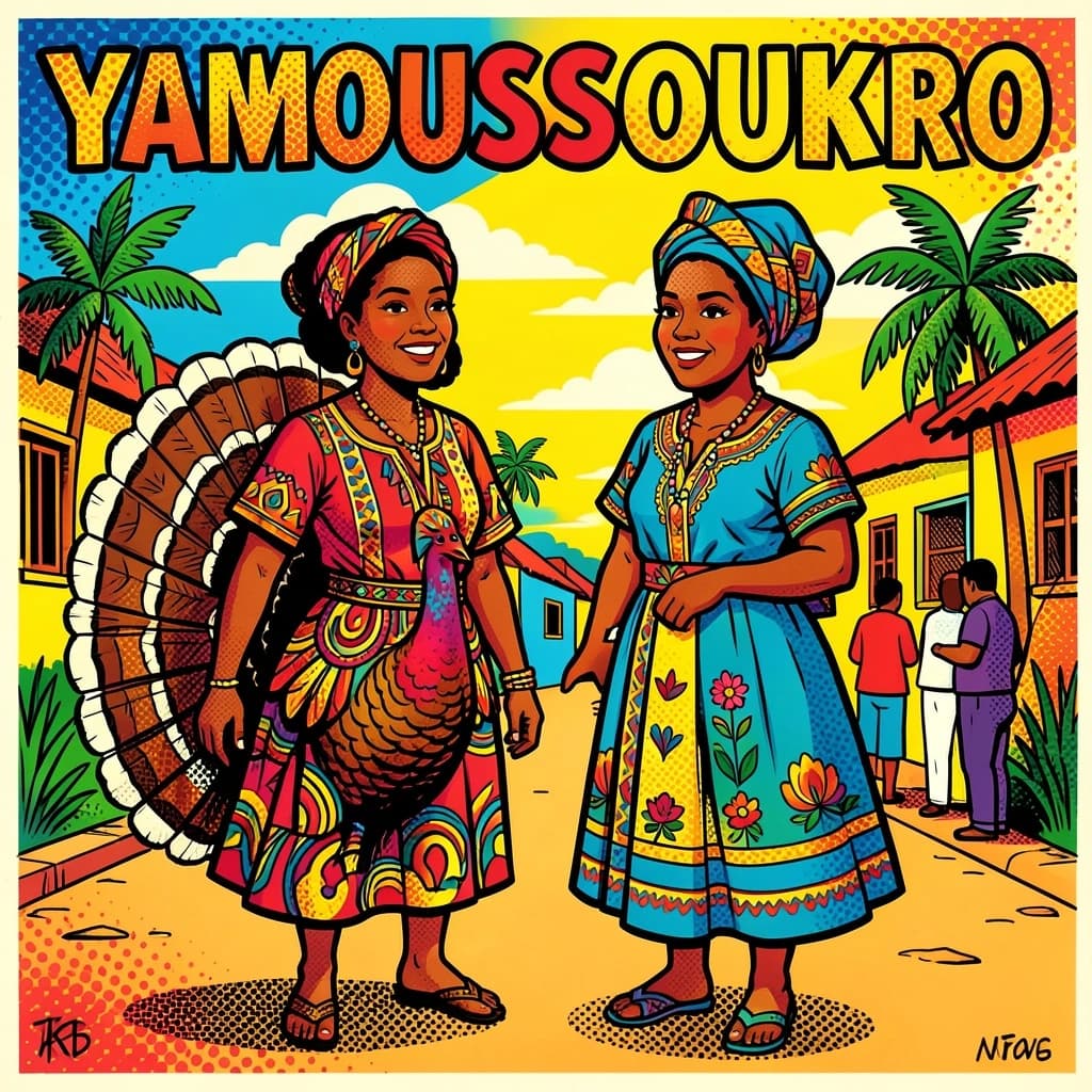 Turkey and Mollie in Yamoussoukro, Côte d'Ivoire in the style of pop art