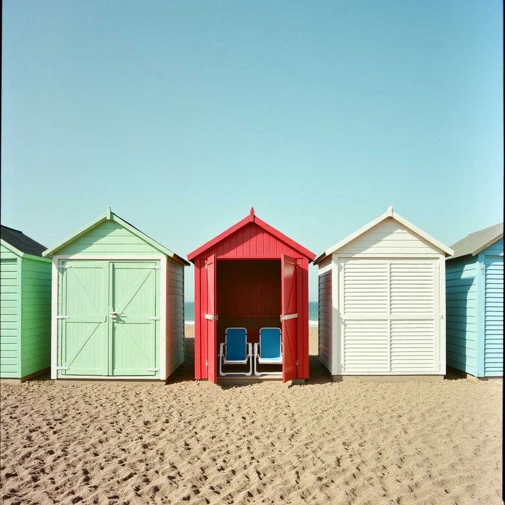 35mm film photo of seven beach huts in a row on a shingle bank. The three left huts are mint green with white doors, the middle one is red with its doors open showing two deckchairs inside, the three right huts are pale blue and shuttered.