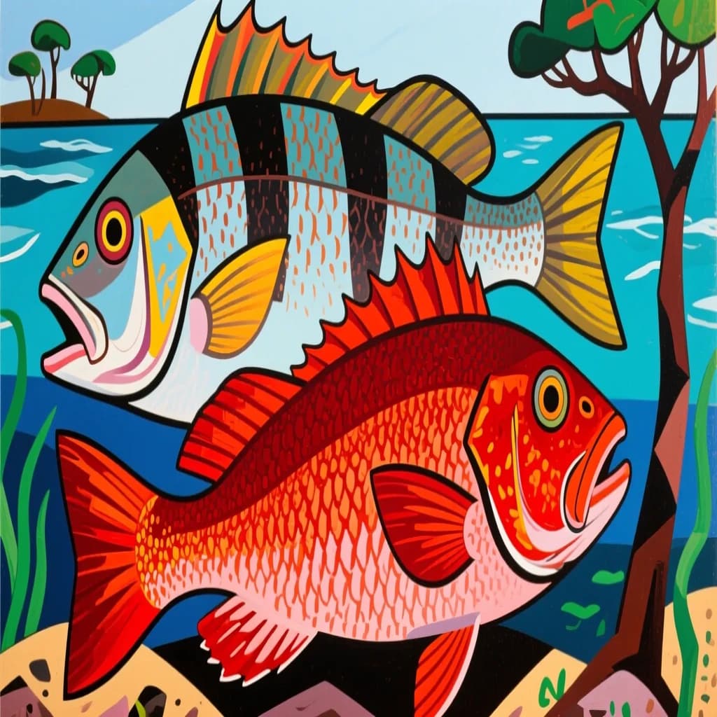 Carangid Fish and Red Porgy in Dodoma, Tanzania in the style of cubist