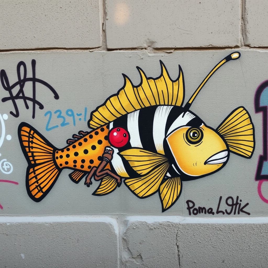Fungus Gnat and Banded Rudderfish in Rome, Italy in the style of graffiti