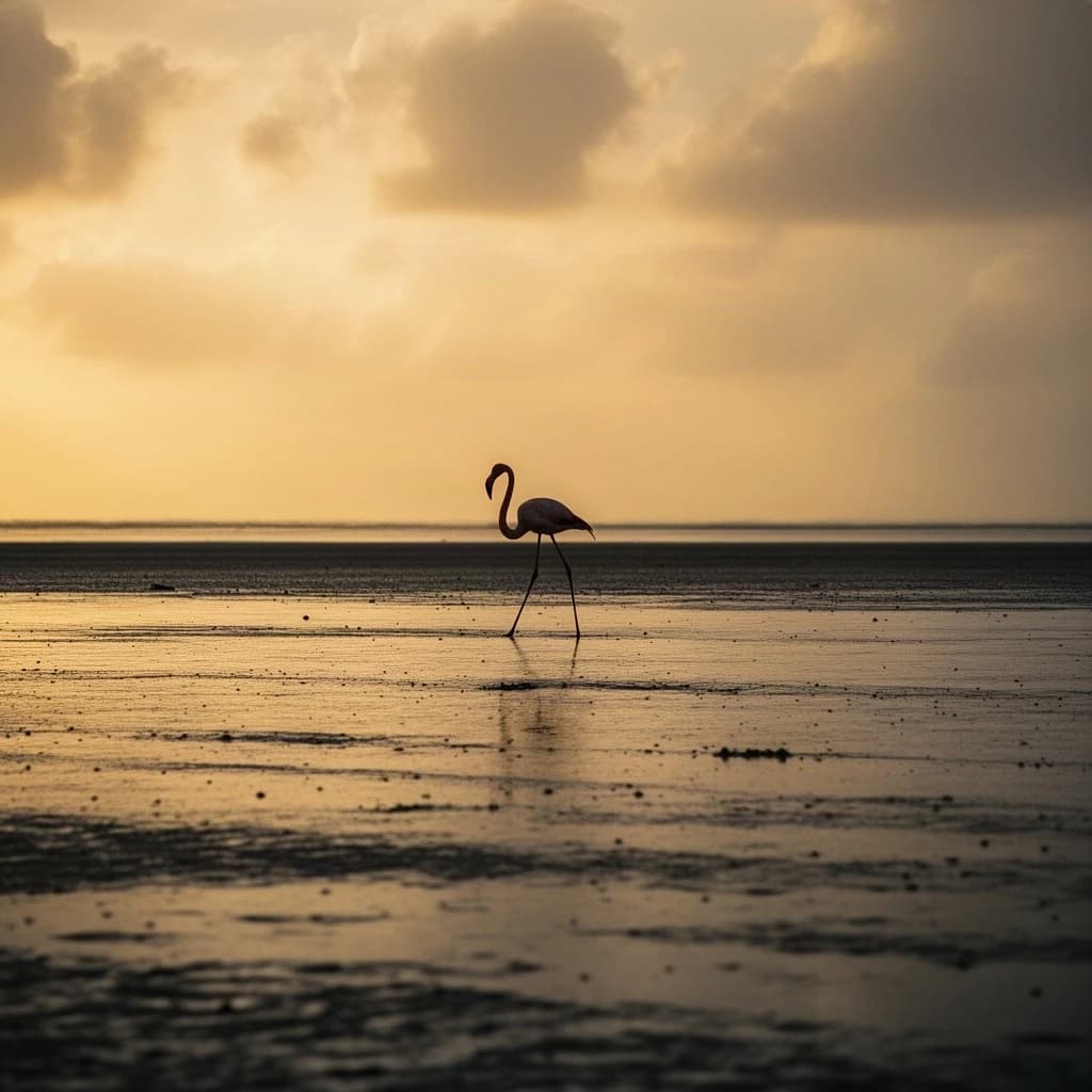 distant flamingo on wet sand, silhouette