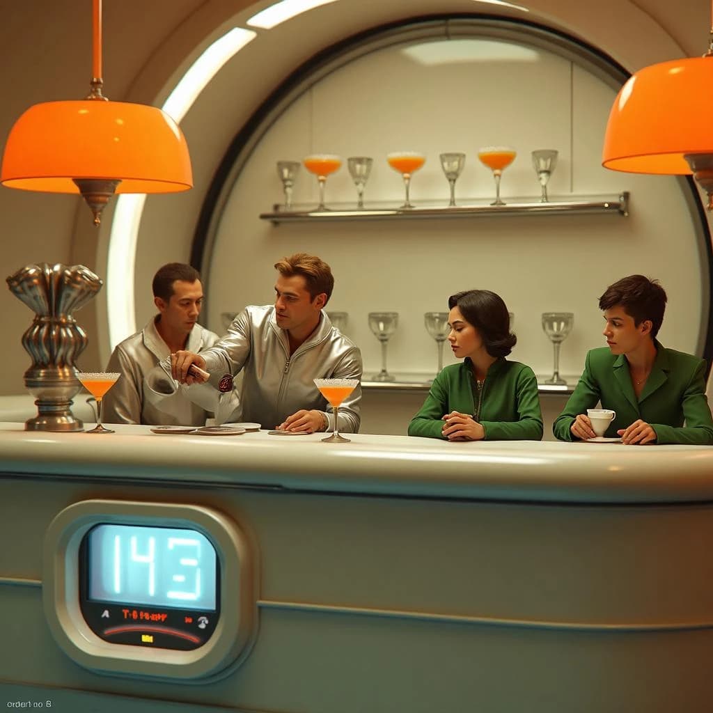 In-game screenshot from a lounge sim aboard an orbital hotel, all curved white plastic, orange bubble lamps and chrome trim in nineteen sixties Space Age design. A four-armed bartender shakes a tin with two arms while pouring a margarita with a third and sliding a coaster across with the fourth. Three customers at the bar: the one in a silver jumpsuit holds a salt-rimmed margarita, the one in green holds nothing, the one in a bubble helmet is asleep on folded arms. Behind them a rack holds nine coupe glasses, the five on the upper shelf frosted, the four below clear. Bottom-left interface: a tip counter reading "142 credits", a shaker cooldown ring, and a chip reading "Order 3 of 8".
