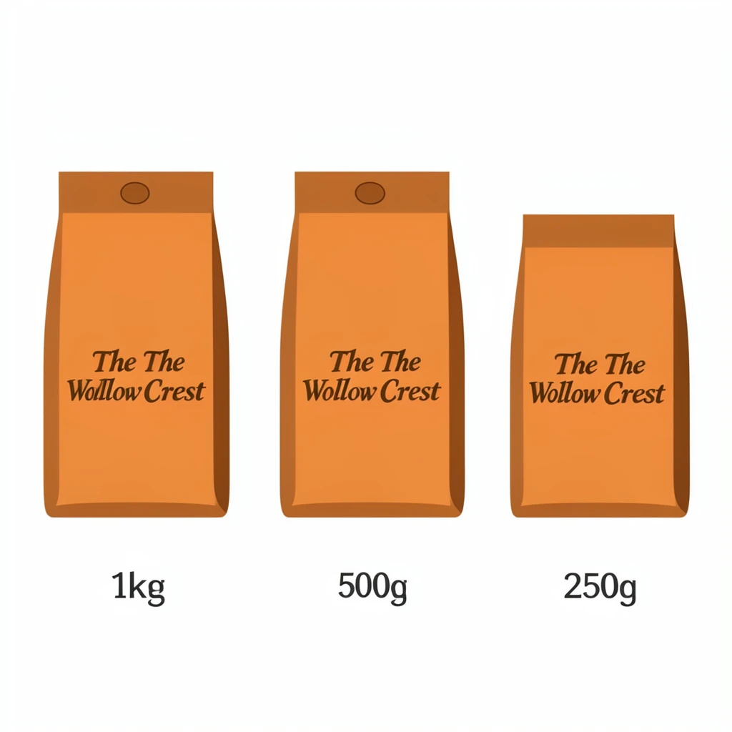 Flat vector illustration of the same coffee bag drawn in three sizes, captioned "1kg", "500g" and "250g", every size carrying the wordmark "The Willow Crest" in the same orange-and-brown coloring, only the bag size changing.